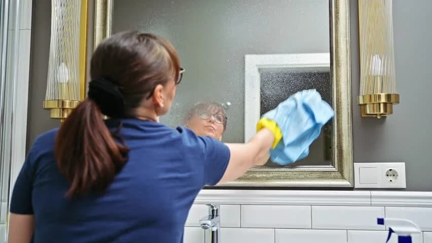 Professional cleaner ensuring streak-free mirrors